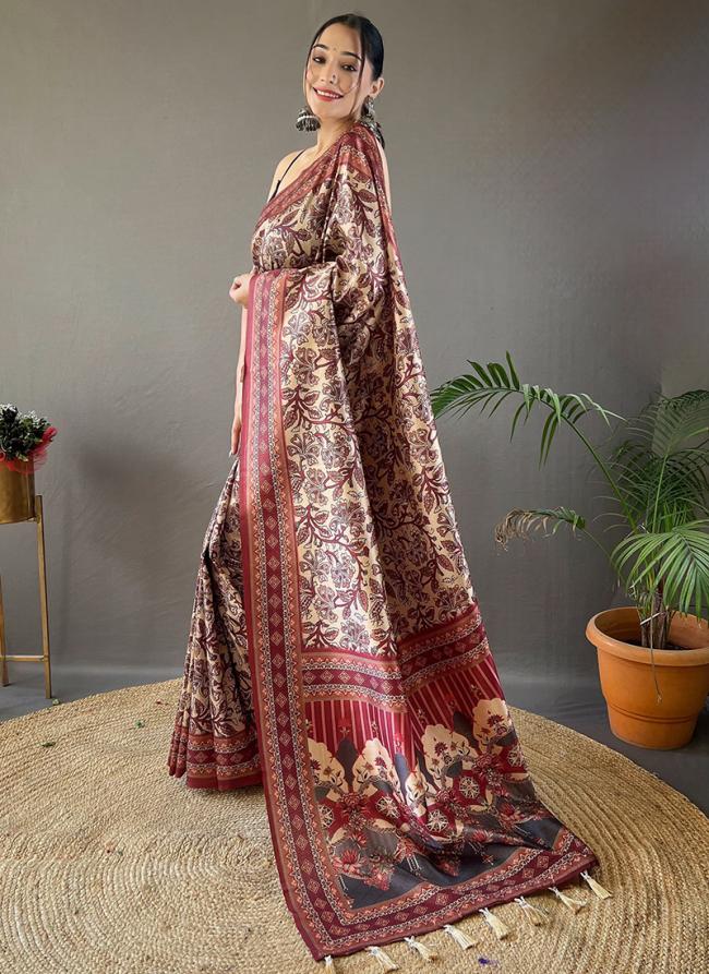 Semi Silk Brown Festival Wear Digital Printed Saree